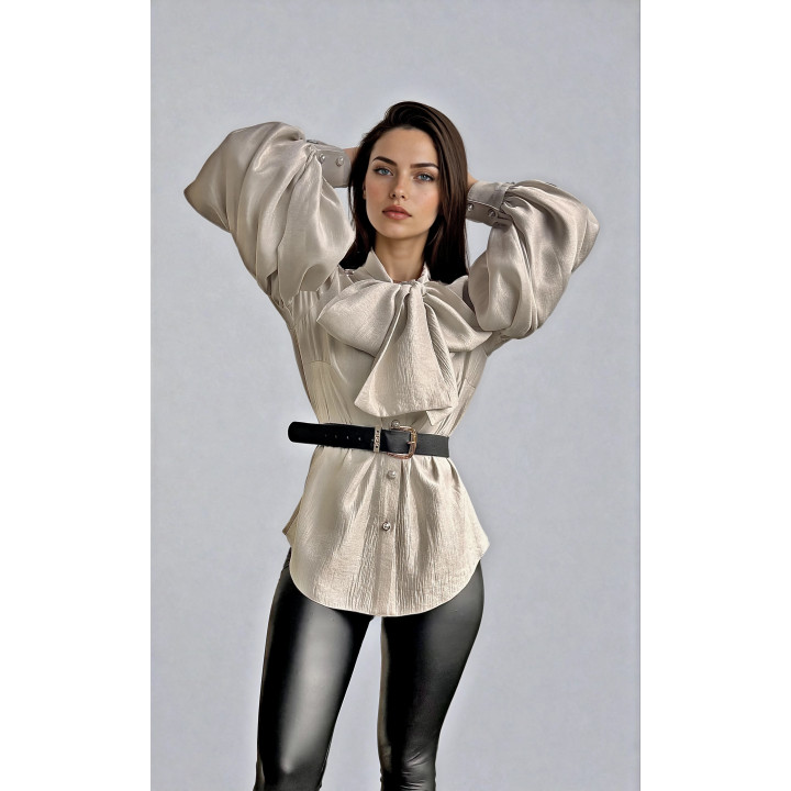 Luana shirt styled with a tied neck scarf and voluminous sleeves