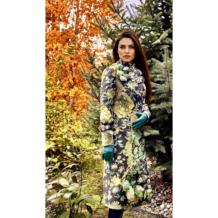 Long Victra coat with green and yellow floral print on a navy ground