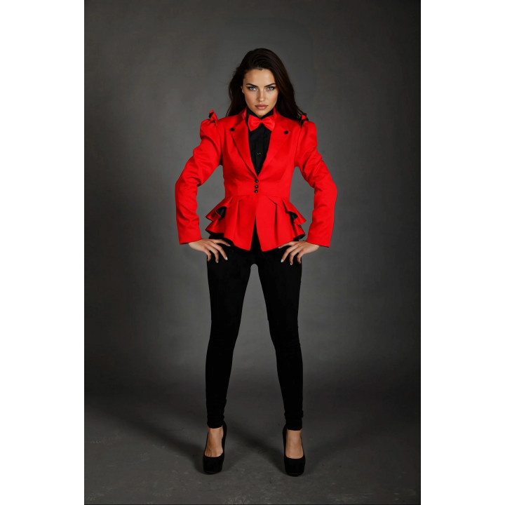 Front view of the Enia women’s jacket with a shaped waist and flared peplum