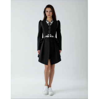 Black Agata 1 coat with a fitted shape, light floral appliqués and front cords