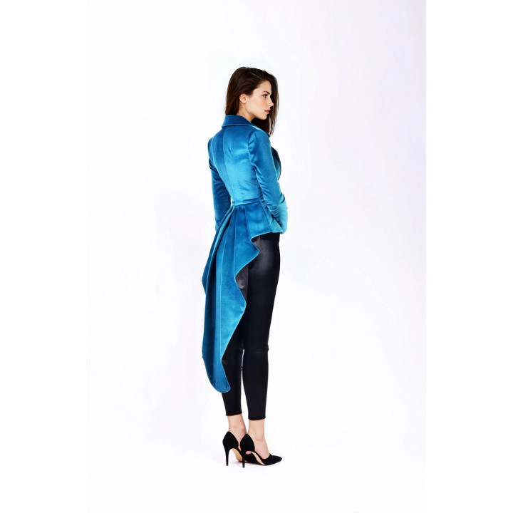 Mina Haute Couture jacket in profile with a fitted shape and long back panel