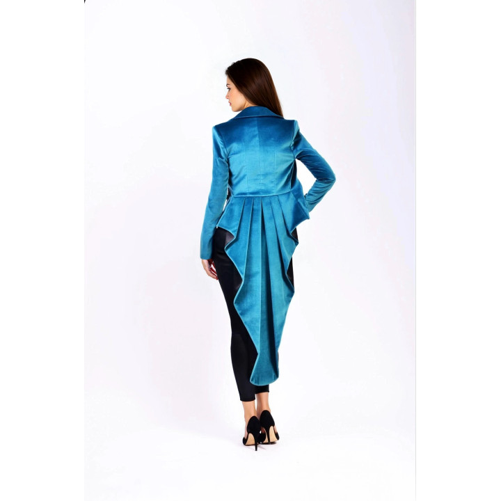 Back view of the Mina Haute Couture jacket with pleats and elongated panels