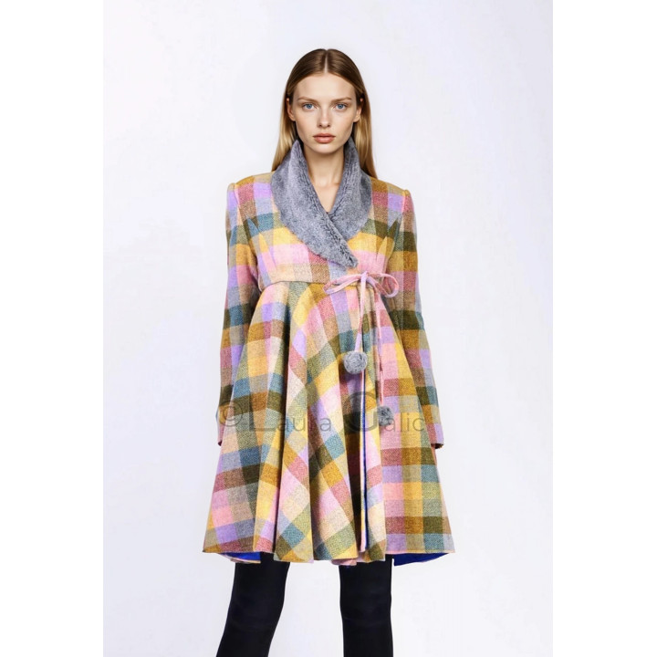 Gaia 3 coat in pastel check fabric with a tie belt below the bust