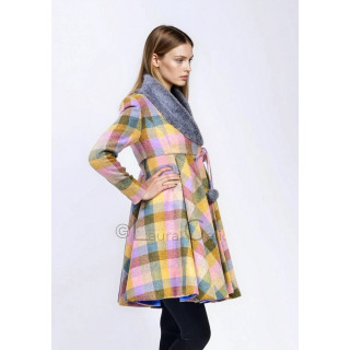 Gaia 3 babydoll coat in multicoloured checks with a tie belt and rounded details