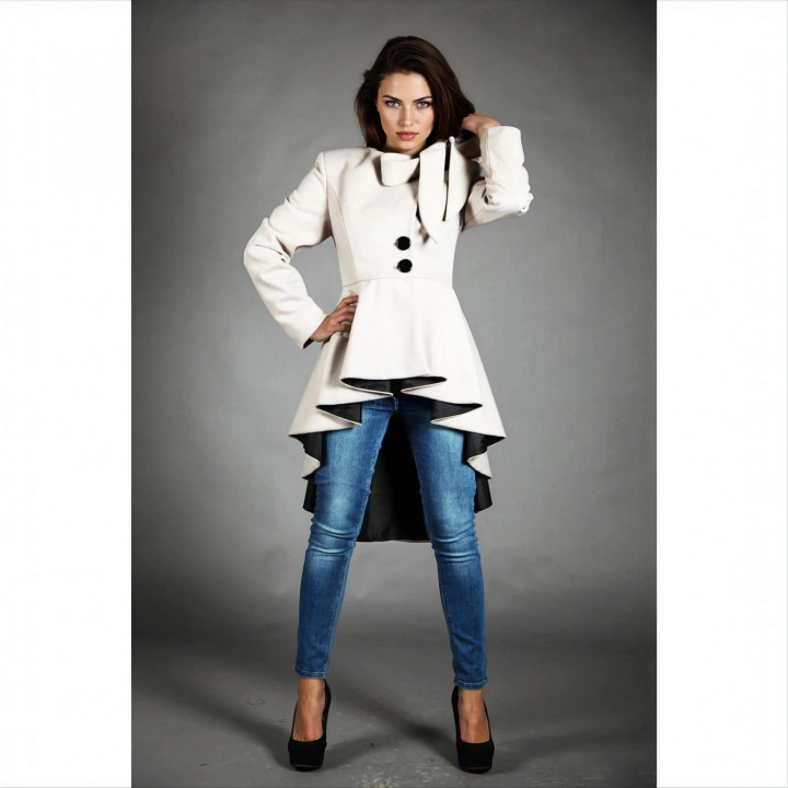 White Stefania coat with two black buttons and a layered pleated peplum