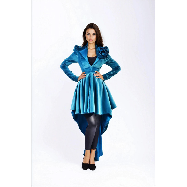 Front view of the Ofelia Haute Couture coat with a shoulder flower and flared skirt