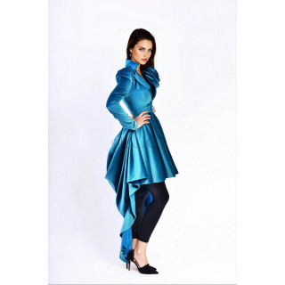 Palton Ofelia Haute Couture albastru, cu talie cambrată și drapaj prelungit în spate