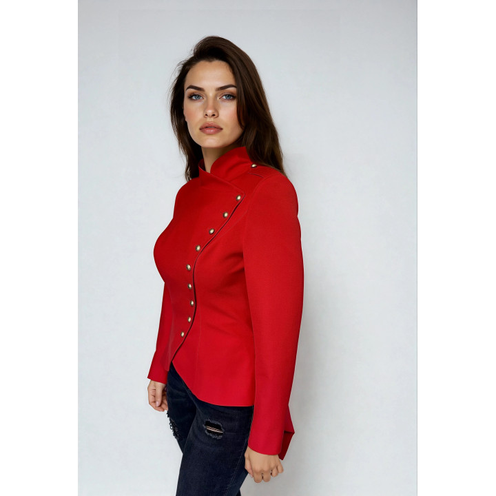 Orion red jacket with an asymmetrical front and metallic buttons