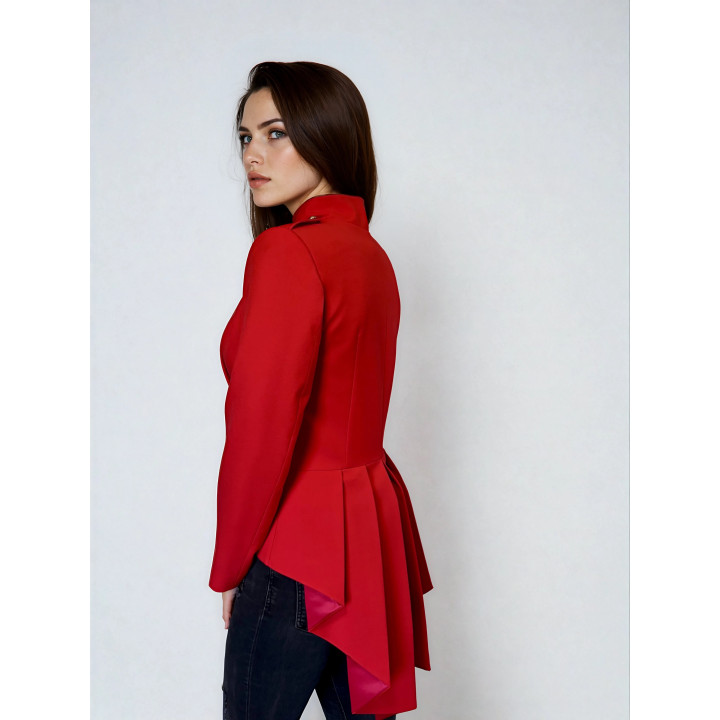 Back view of the Orion jacket showing long pleated tailcoat-style panels