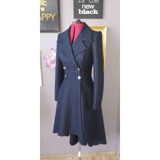 Lavinia 2 navy wool coat with fine pinstripes, fitted waist and flared hem
