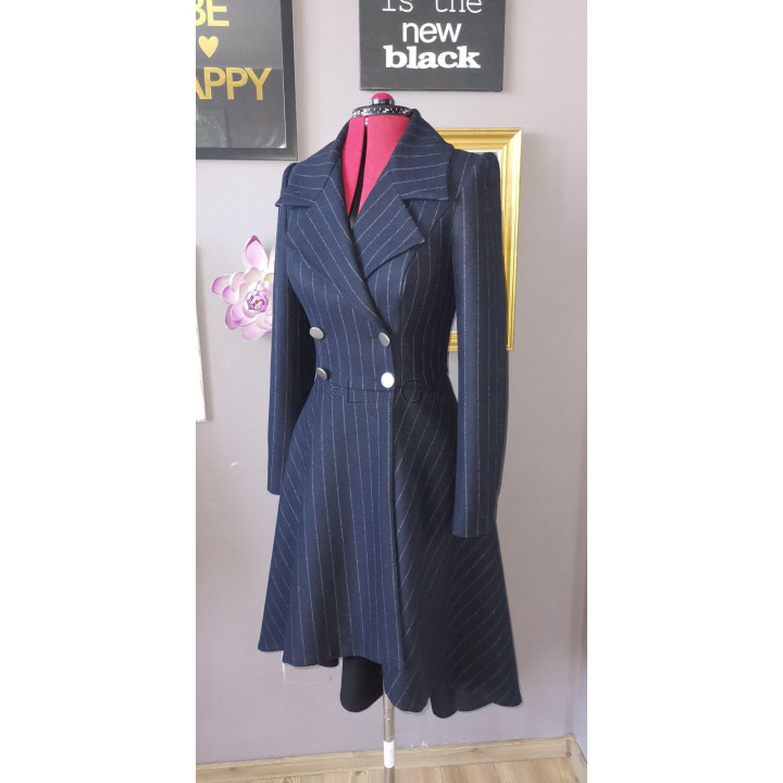 Lavinia 2 navy wool coat with fine pinstripes, fitted waist and flared hem
