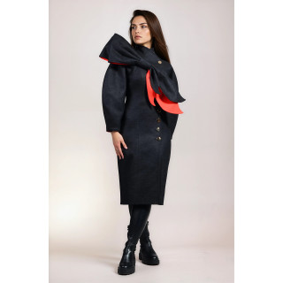 Persefona 2 charcoal wool coat with a voluminous sleeve and red-backed front panel