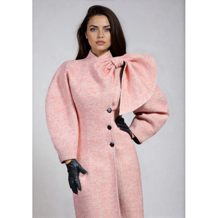 Pink mélange Persefona coat with an oversized draped shoulder panel and black buttons