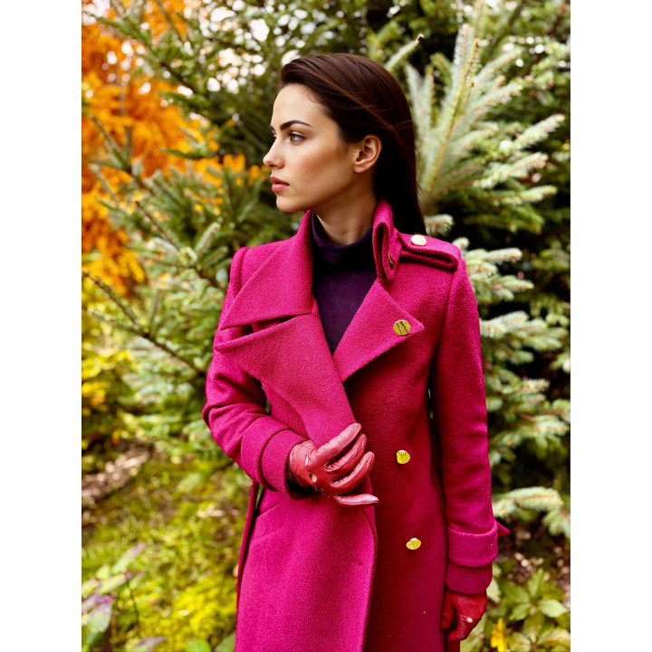 Close detail of the Romanita 2 coat's overlapping lapels and shoulder tabs