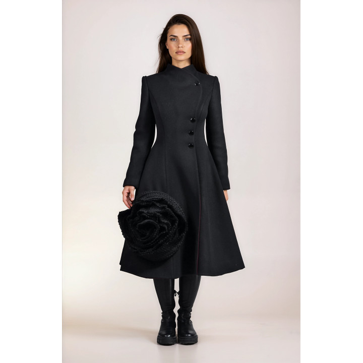 Front view of the black Zaria 2 women's coat with tunic collar and asymmetric button fastening