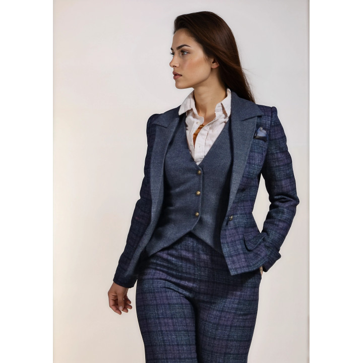 Costum Eva din 3 piese cu sacou în carouri, vestă uni și pantaloni drepți