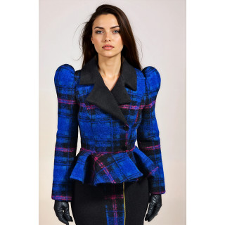 Carmella suit jacket with black lapels, pronounced shoulders and blue checks with magenta accents, styled with the fitted skirt