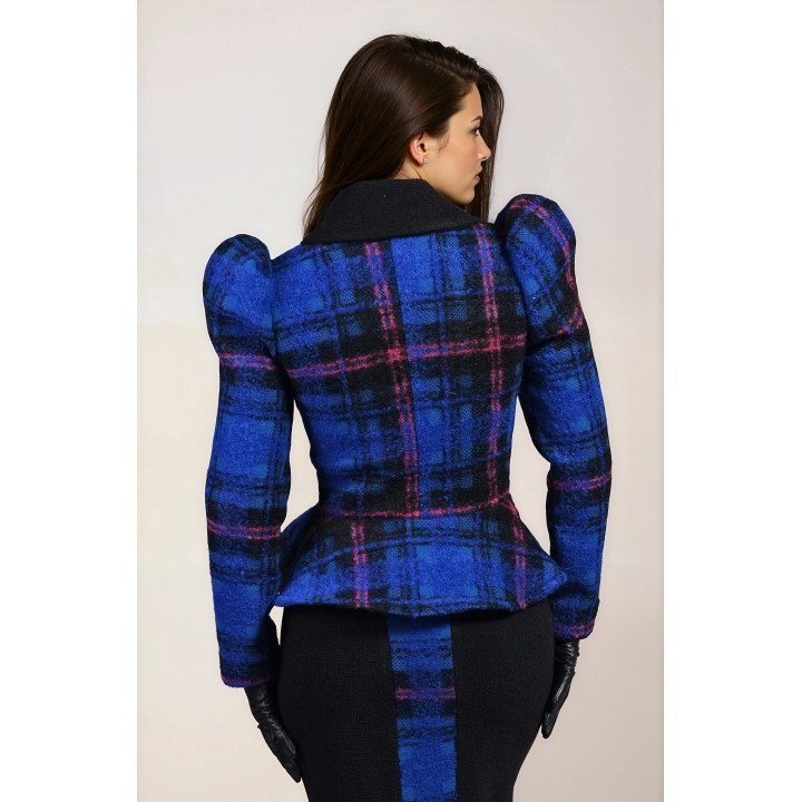 Back view of the Carmella jacket showing its peplum and blue, black and magenta check pattern