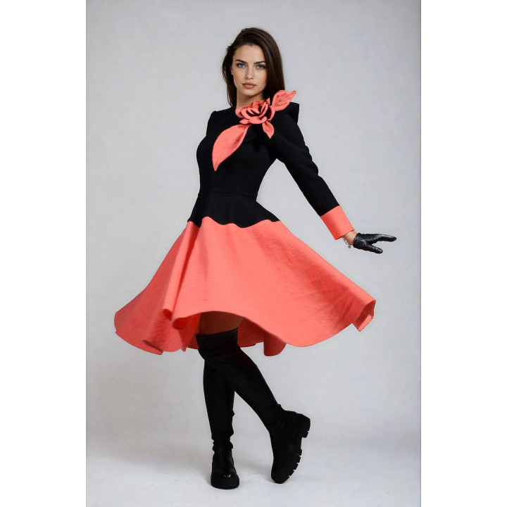 Ariadna black and coral coat with a fitted waist, detachable flower and full skirt