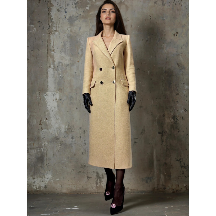 Front view of the beige Athena coat with a double-breasted button fastening