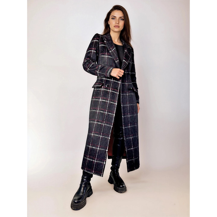 Athena checked coat worn open, showing its ankle-length silhouette