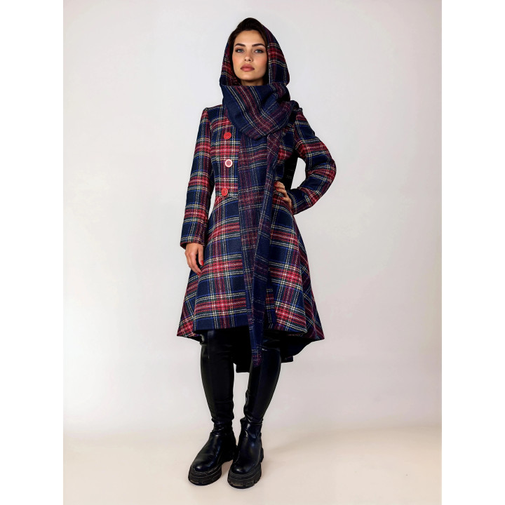 Miranda 3 plaid wool coat styled with the hood raised and scarf detail around the neck