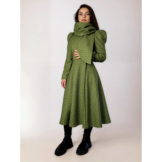 Palton midi Beatrice 3 verde, cu guler amplu suprapus și fustă evazată în A