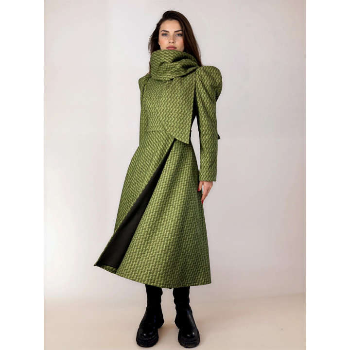Beatrice 3 green midi coat showing its overlapping front and generous collar