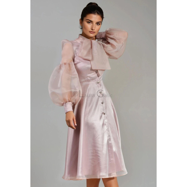 Luana blush-pink organza dress with neck tie, puff sleeves and front buttons