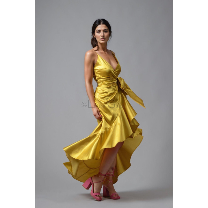 Golden-yellow Chiara 4 long wrap dress with a side tie and flowing asymmetric skirt