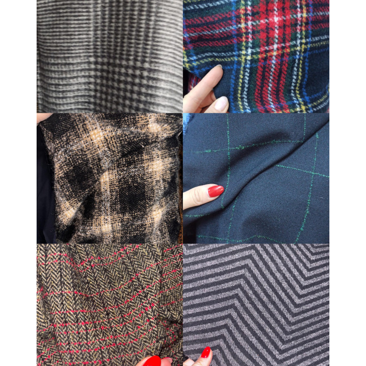 Close-up selection of checked and zigzag wool fabrics