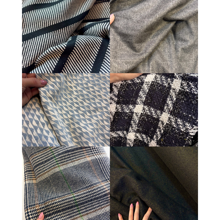 Wool fabric swatches with stripes, checks and woven patterns