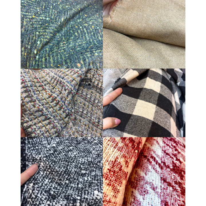 Selection of wool fabrics with checked patterns and multicolored textures