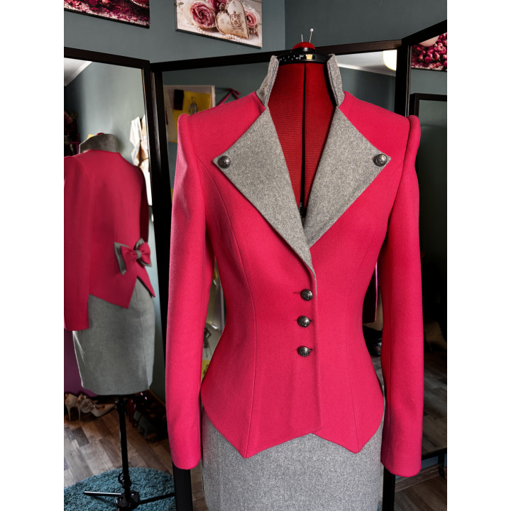Close detail of the grey lapels and button fastening on the Helga jacket