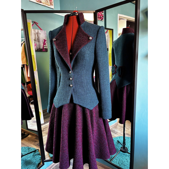 Helga women's suit with a flared burgundy skirt and decorative bow at the back