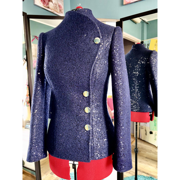 Luca short violet wool coat with sequins, a high collar and metallic buttons