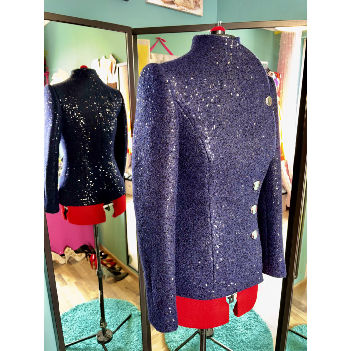 Back of the Luca coat with long sleeves and scattered sequin embellishment