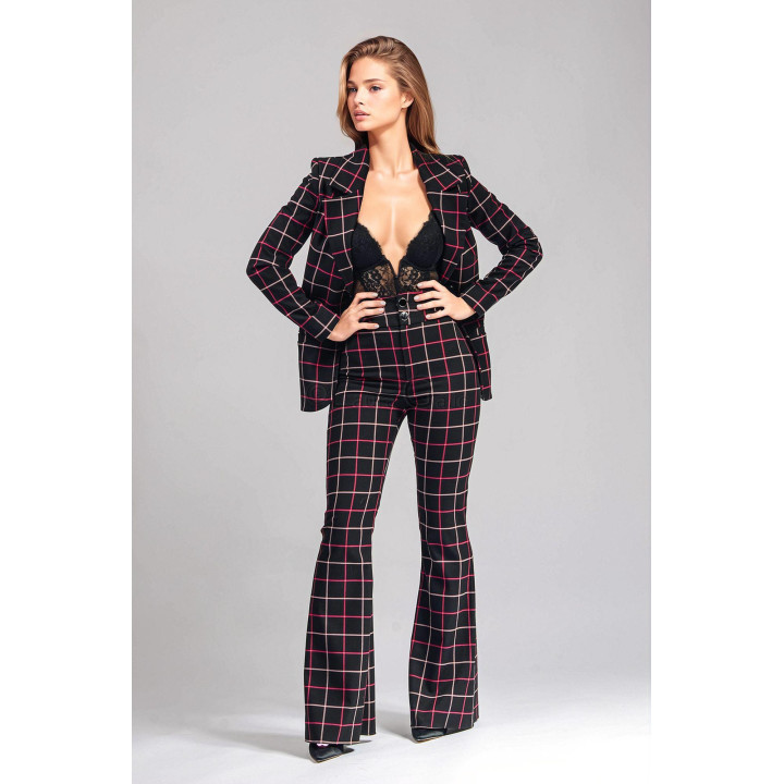 Costum Ramona în carouri, cu rever crestat, nasturi frontali și pantaloni cu talie înaltă