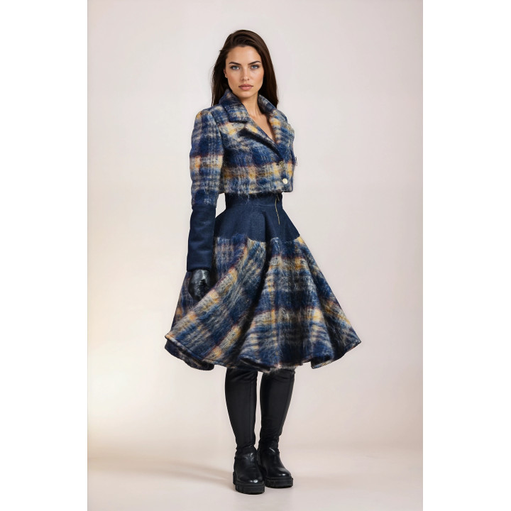 Side angle of the Calliope full-circle skirt in blue checks