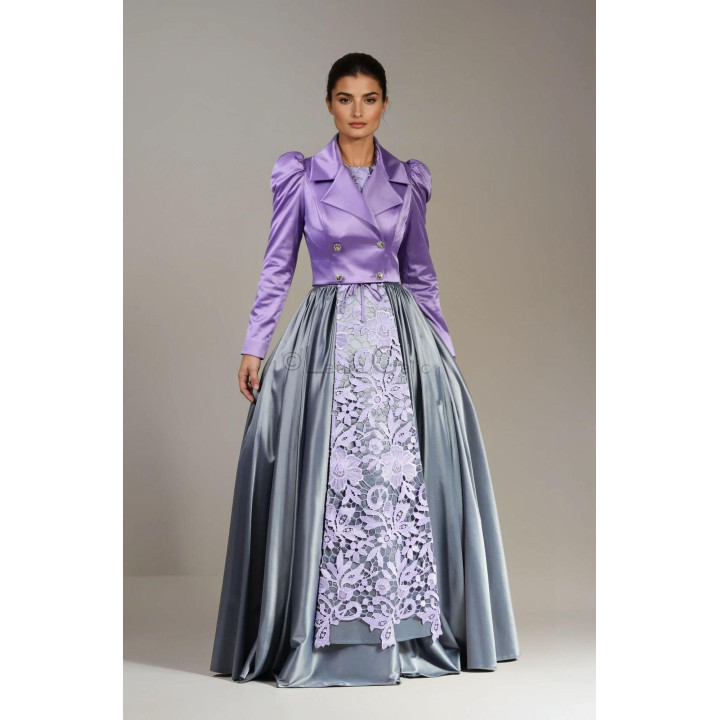 Lilac Suzana satin cotton jacket with puff shoulders and floral lace apron