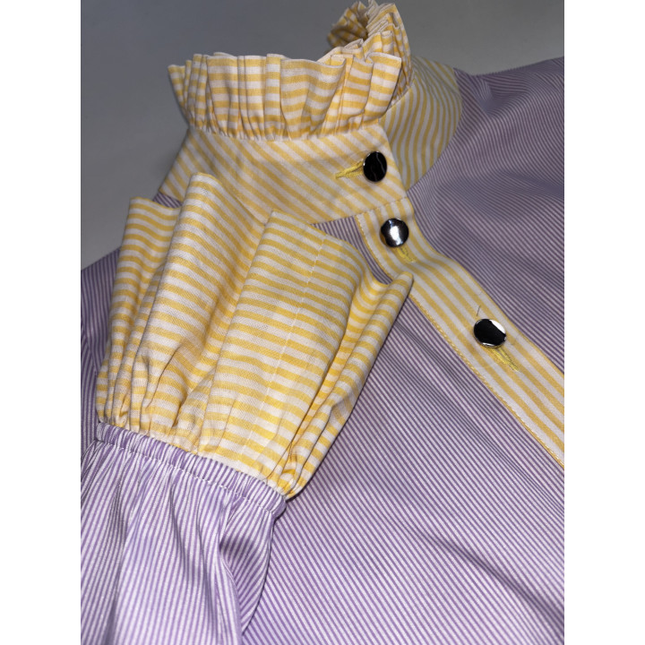 Close-up of the Domenica shirt’s stand collar and button placket in lilac and yellow stripes