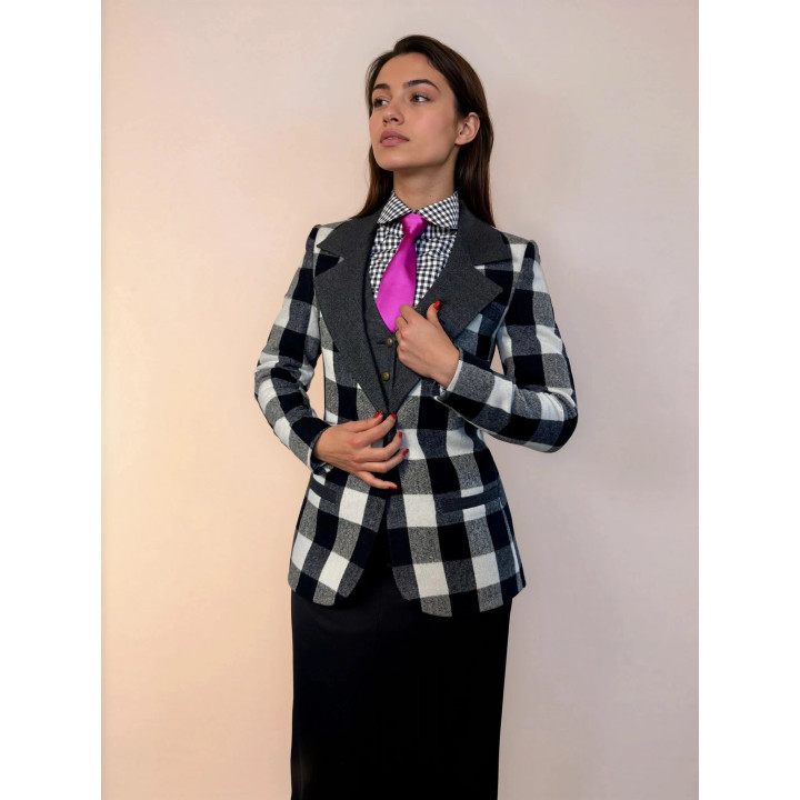 Checked Ramona jacket worn over the buttoned grey vest
