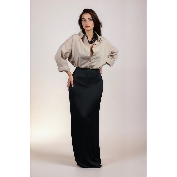 Straight maxi skirt styled with a relaxed shirt