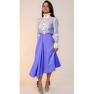 Domenica striped shirt with lilac body and yellow-and-white stand collar, styled with a lilac skirt