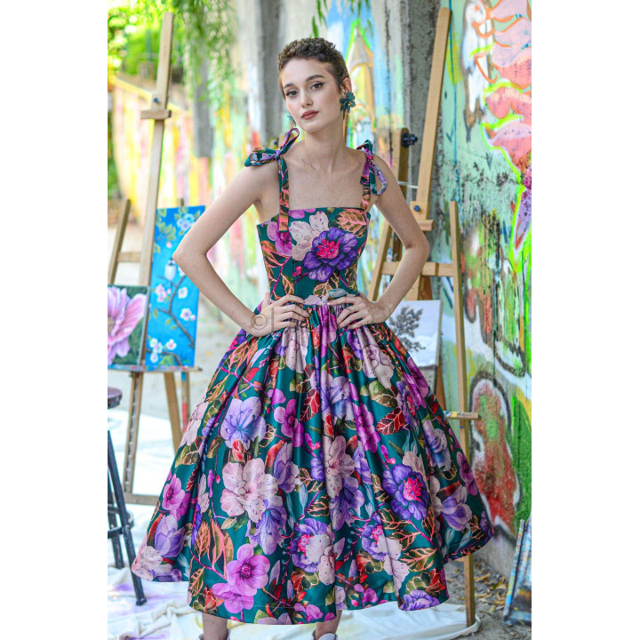 Rochie midi Loredana 4 cu corset și fustă amplă cu imprimeu floral multicolor