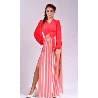Mira coral wrap blouse with puff sleeves and a side bow