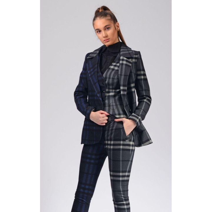 Laura Galic fitted trousers in contrasting navy and grey plaid, styled with a jacket