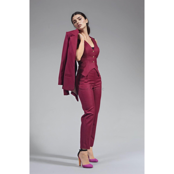 Burgundy 100% wool pencil trousers styled with a waistcoat and jacket