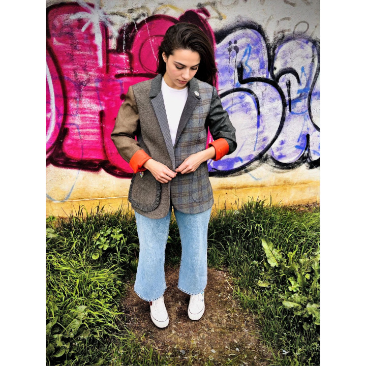Sacou Ramona patchwork cu rever clasic, nasturi frontali și croi lejer