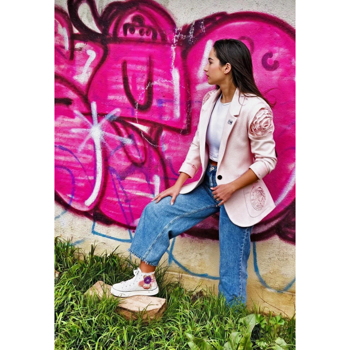 Darcy wool jacket with a shoulder flower and a floral appliqué on the pocket